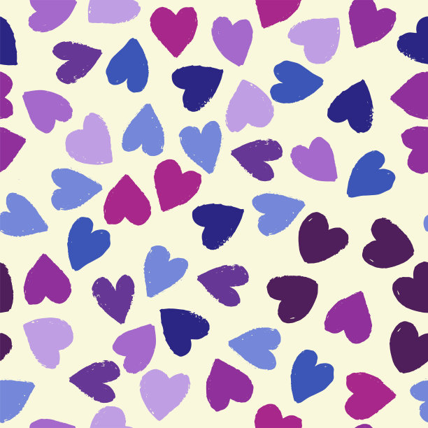 无缝图案与紫色和蓝色的心在浅米色的背景。矢量设计的纺织品，背景，衣服，包装纸，网站和墙纸。时尚插画无缝图案。图片下载