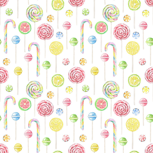 水彩无缝图案与鲜艳的糖果、棒棒糖和糖果图片下载