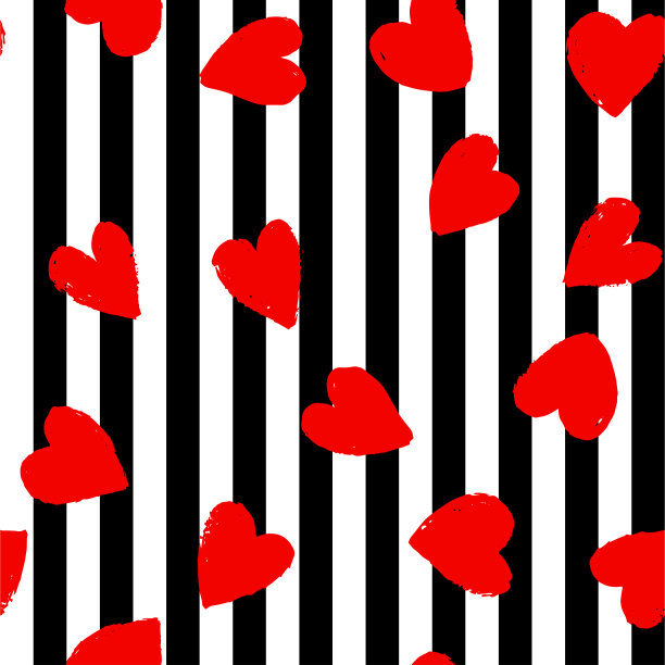 无缝图案与红心在黑色和白色条纹的背景。矢量设计的纺织品，背景，衣服，包装纸，网站和墙纸。时尚插画无缝图案。图片下载