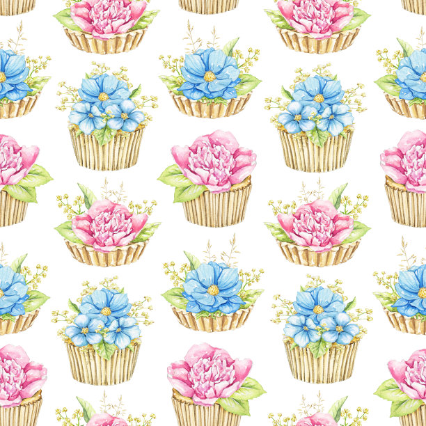 水彩无缝图案与粉红色和蓝色的花在松饼图片下载