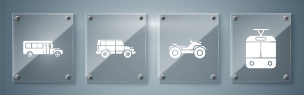 设有电车、铁路、全地形车、摩托车、越野车、校车等。方形玻璃面板。向量图片下载