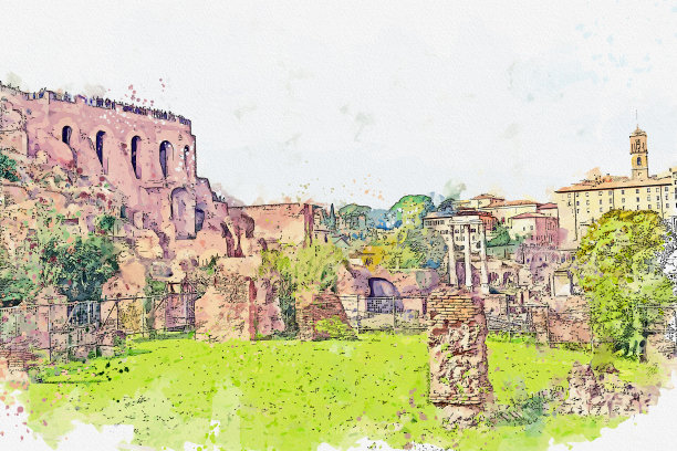 意大利罗马著名地标古罗马广场的水彩画。图片下载