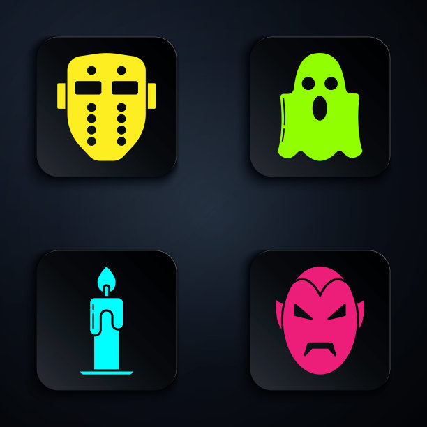 设置吸血鬼，曲棍球面具，燃烧的蜡烛和幽灵。黑色方形按钮。向量图片下载