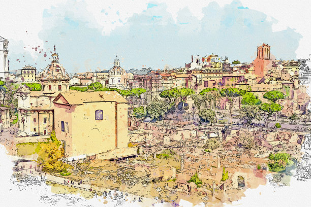 意大利罗马著名地标古罗马广场的水彩画。图片下载