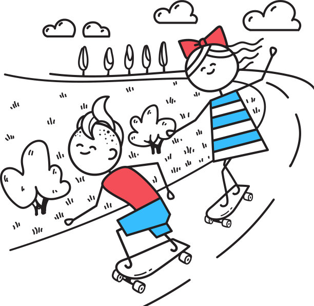 女孩和男孩在滑板路上玩图片下载