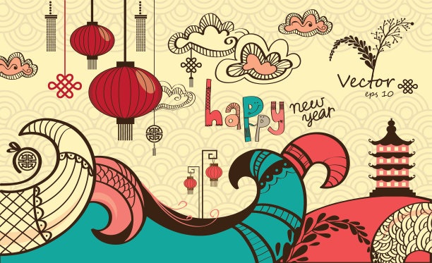 中国美术画的中国寺庙，灯笼和波浪线与彩云天空装饰图片下载