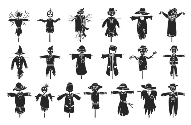 花园稻草人黑色设置图标孤立图片下载