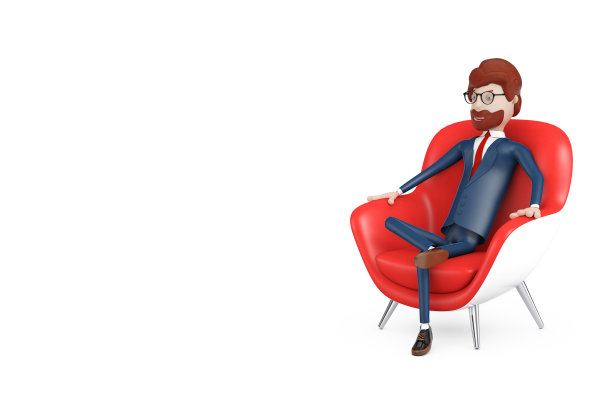 卡通人物商人休息在红色现代皮革放松扶手椅。3d渲染图片下载