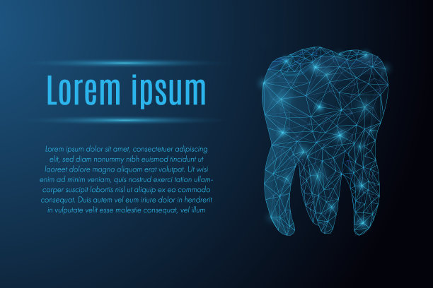 未来主义发光的低多边形人类牙齿模型，由星星，线，点，三角形孤立在深蓝色的背景。牙科、牙齿护理、保健和卫生概念。现代线框矢量插图。图片下载