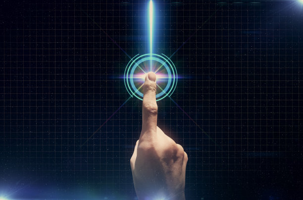 手按触屏界面上的手指按钮。商业、技术、互联网和网络的概念图片下载