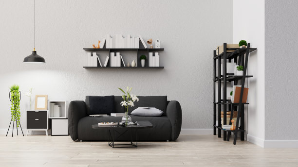 室内海报模拟客厅与彩色白色沙发。3 d渲染。图片下载