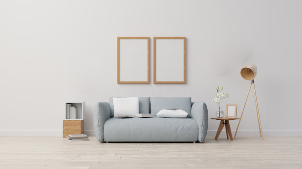 室内海报模拟客厅与彩色白色沙发。3 d渲染。图片下载