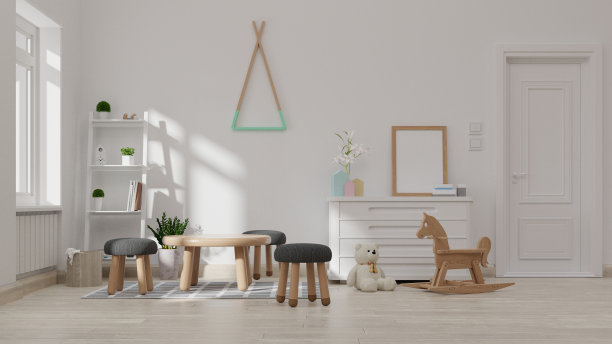 室内海报模拟客厅与彩色白色沙发。3 d渲染。图片下载