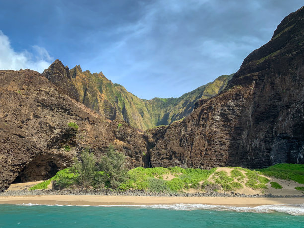 美丽的纳帕利海岸，考艾岛，夏威夷从离岸海上日落游船观光。美国的自然海岸线景观。夏威夷旅游。全景横幅复制空间在山上。图片下载