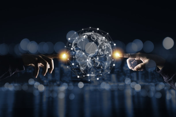 通过连接网络触摸虚拟世界。全球数据信息和技术交流。图片下载