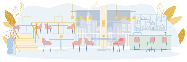 两层餐厅或咖啡厅，设有吧台图片下载