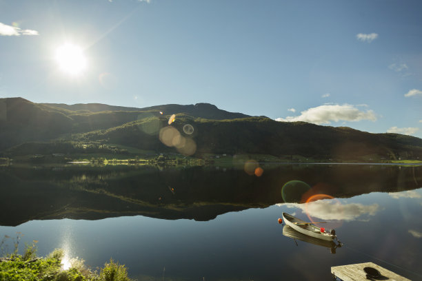 挪威风景与湖上的小船对山图片下载