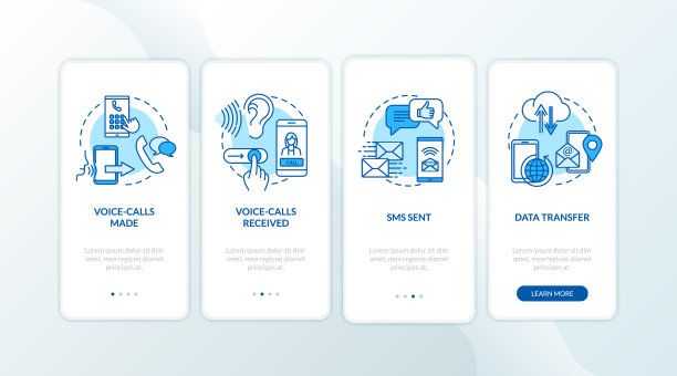 语音通话和短信服务在移动应用程序页面屏幕上的概念。数据传输，漫游4步图形指令。UI矢量模板与RGB颜色的插图图片下载