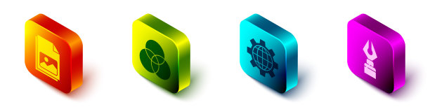设置等距图片景观，RGB和CMYK颜色混合，地球和齿轮和钢笔笔尖图标。向量图片下载