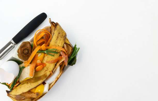 在白色背景的盘子里的有机废物。在切菜机旁边。蔬菜屑，香蕉皮，胡萝卜皮，猕猴桃，柠檬，南瓜籽，蛋壳。flatlay,复制空间。有选择性的重点图片下载