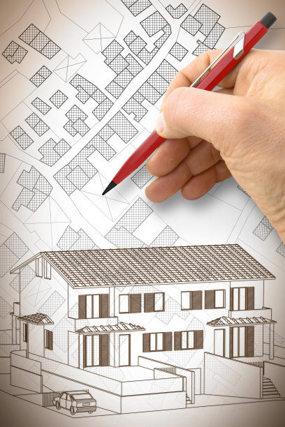 建筑师在一个虚构的地籍地图上绘制了一个复式住宅建筑，地图上有建筑物、田地和道路图片下载