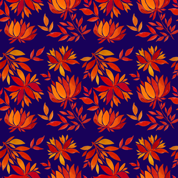 无缝图案水彩手绘橙色和红色的菊花或百合和秋天的叶子在蓝色的背景。艺术创作的自然对象贴纸，卡片，墙纸，纺织品，包装素材图片
