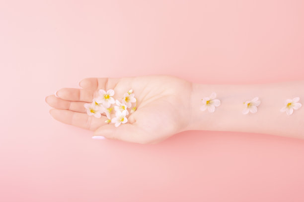 夏天的时尚艺术手女人和她手上的花朵与明亮的对比化妆。创意美照片手女孩坐在桌子上对比的背景与彩色阴影。护肤品图片下载