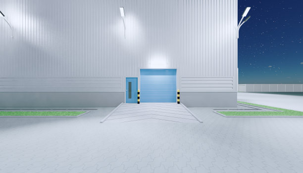 3d渲染机库建筑外部和卷帘门和铺砖地板在晚上的时间。图片下载