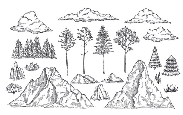 自然景观元素mount，岩石，树木和图片下载