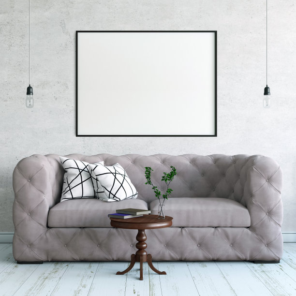 客厅墙上的模型。北欧室内。3d渲染，3d插图图片下载