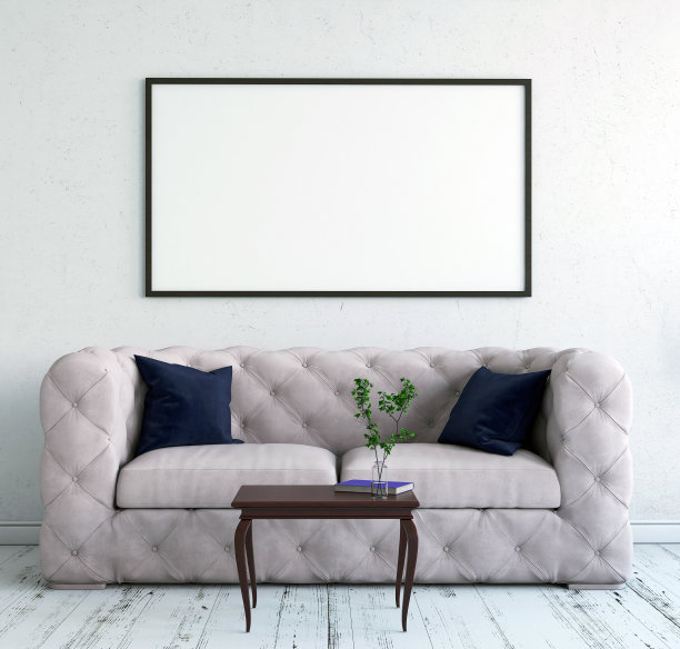 客厅墙上的模型。北欧室内。3d渲染，3d插图图片下载