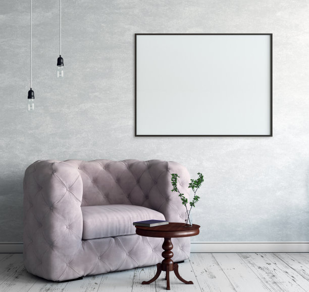 客厅墙上的模型。北欧室内。3d渲染，3d插图图片下载