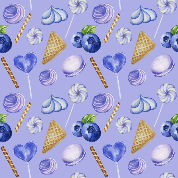 鲜亮甜美美味的水彩与蛋白霜，华夫饼，糖果，杏仁饼干，蓝莓无缝图案。蓝色紫色米色织物纹理手绘插图在紫色的背景图片下载