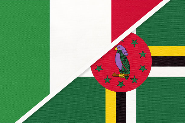 意大利和多米尼加两国国旗的象征由纺织品制成。两国之间的冠军。图片下载