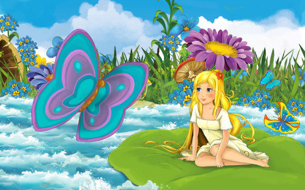 一个年轻美丽的小女孩在森林里的河流中航行的卡通场景，在树叶上用蝴蝶作插图图片下载