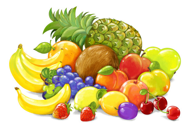 卡通水果场景与许多不同的水果作为一餐设置在白色背景-插图图片下载