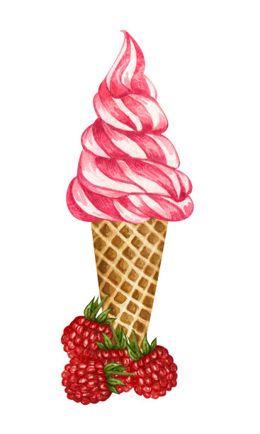 水彩覆盆子冰淇淋蛋筒孤立在白色背景。手绘插图新鲜的树莓和粉红色的冰淇淋在华夫蛋筒。图片下载