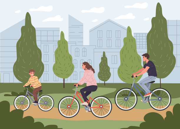 年轻的父母夫妇和儿子骑自行车图片下载
