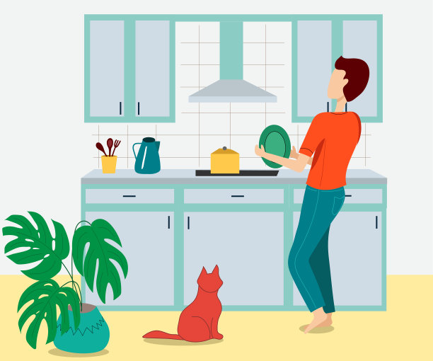 年轻的男人在厨房洗盘子，家庭的丈夫在家里工作矢量插画图片下载