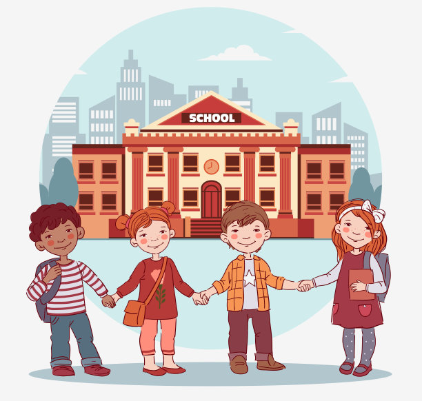 有趣,微笑的孩子。男孩和女孩手牵着手。孩子成为朋友。回到学校向量的概念。快乐的男孩和女孩与书图片下载