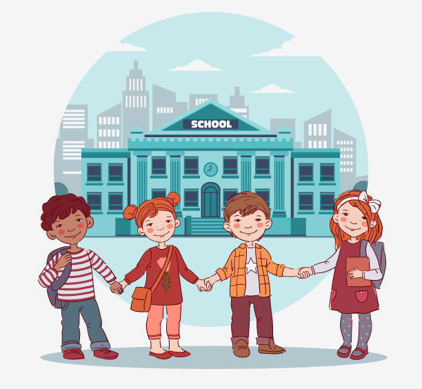 有趣,微笑的孩子。男孩和女孩手牵着手。孩子成为朋友。回到学校向量的概念。快乐的男孩和女孩与书图片下载