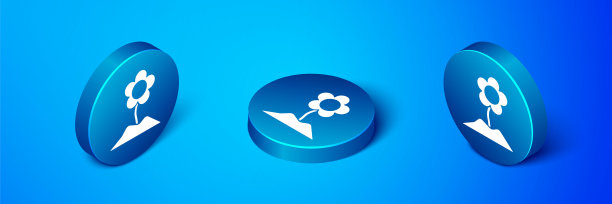 等距花图标孤立在蓝色背景。蓝色圆按钮。矢量图图片下载