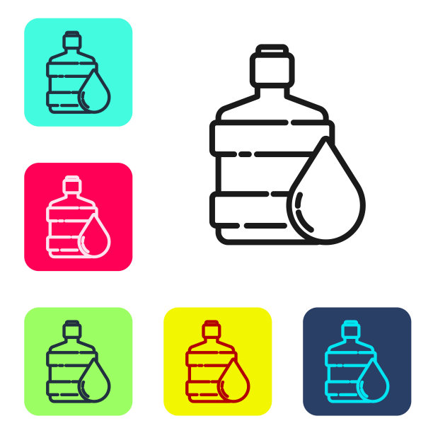 黑色线条:白色背景上独立的带有清水图标的大瓶子。冷却器的塑料容器。设置图标的颜色方形按钮。矢量图图片下载
