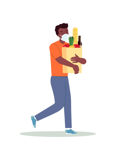 一个戴着口罩拿着购物袋的美国黑人。矢量平面风格的插图。图片下载