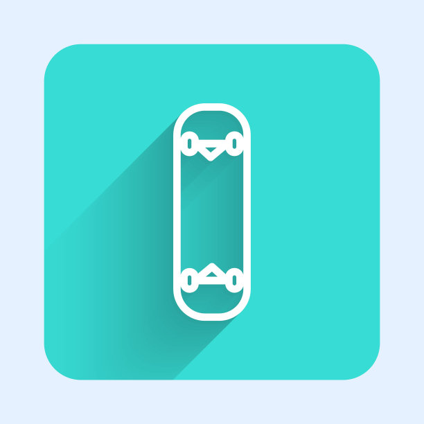 白色线滑板把戏图标孤立与长阴影。极限运动。运动设备。绿色广场按钮。矢量图图片下载