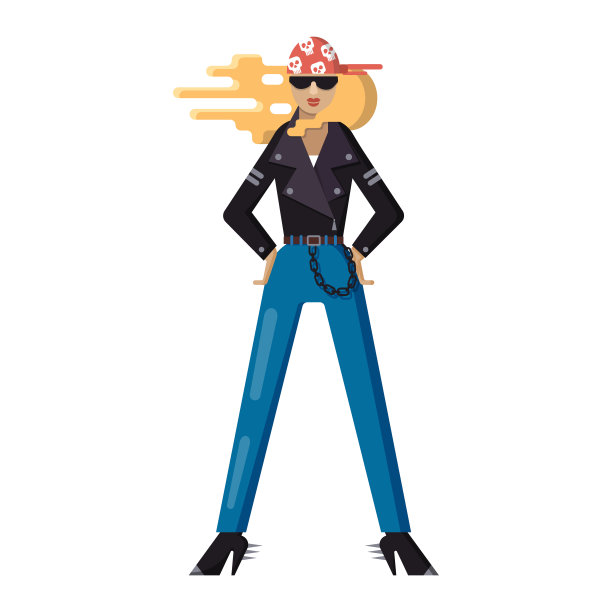 女摩托车手戴着红色头巾，头戴骷髅头，穿着皮夹克，戴着墨镜和牛仔裤图片下载