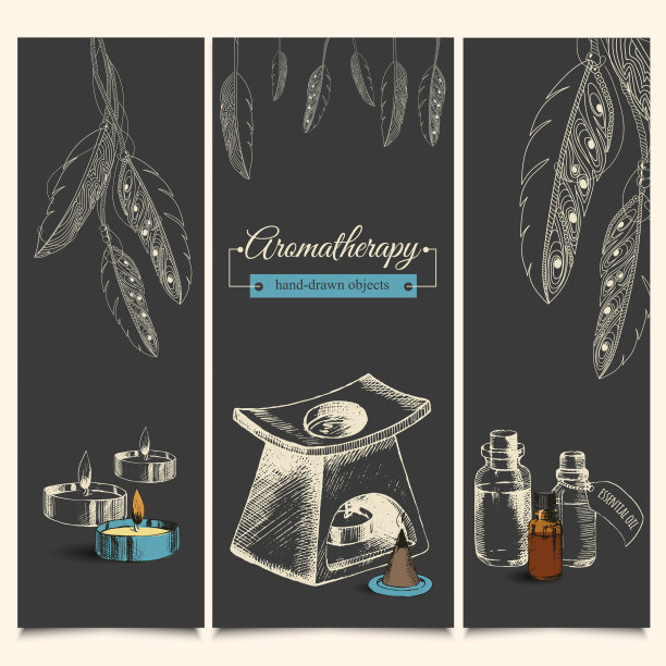 芳香疗法背景与手绘对象。精油的处理。香烛、精油、蜡烛、燃油器。放松和娱乐。手工素描。复古风格。向量。图片下载