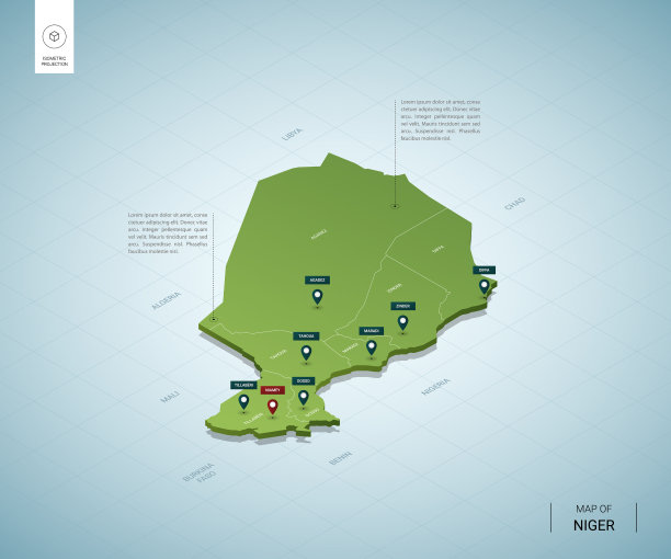 程式化地图尼日尔等距3d绿色地图图片下载