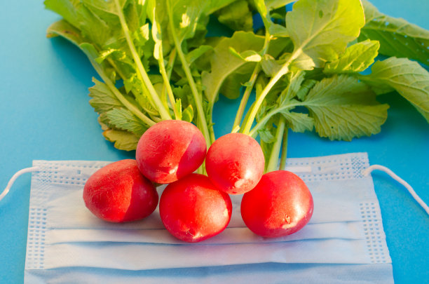 新鲜的红色蔬菜，医疗面具下的萝卜。夏天平。健康营养和病毒防护的概念。多吃蔬菜，保持健康。图片下载