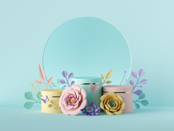 3d渲染抽象蓝色植物背景。空白海报模型。圆形框架与彩色工艺纸花，花拱。商店产品展示展示台，空讲台，空基座图片下载